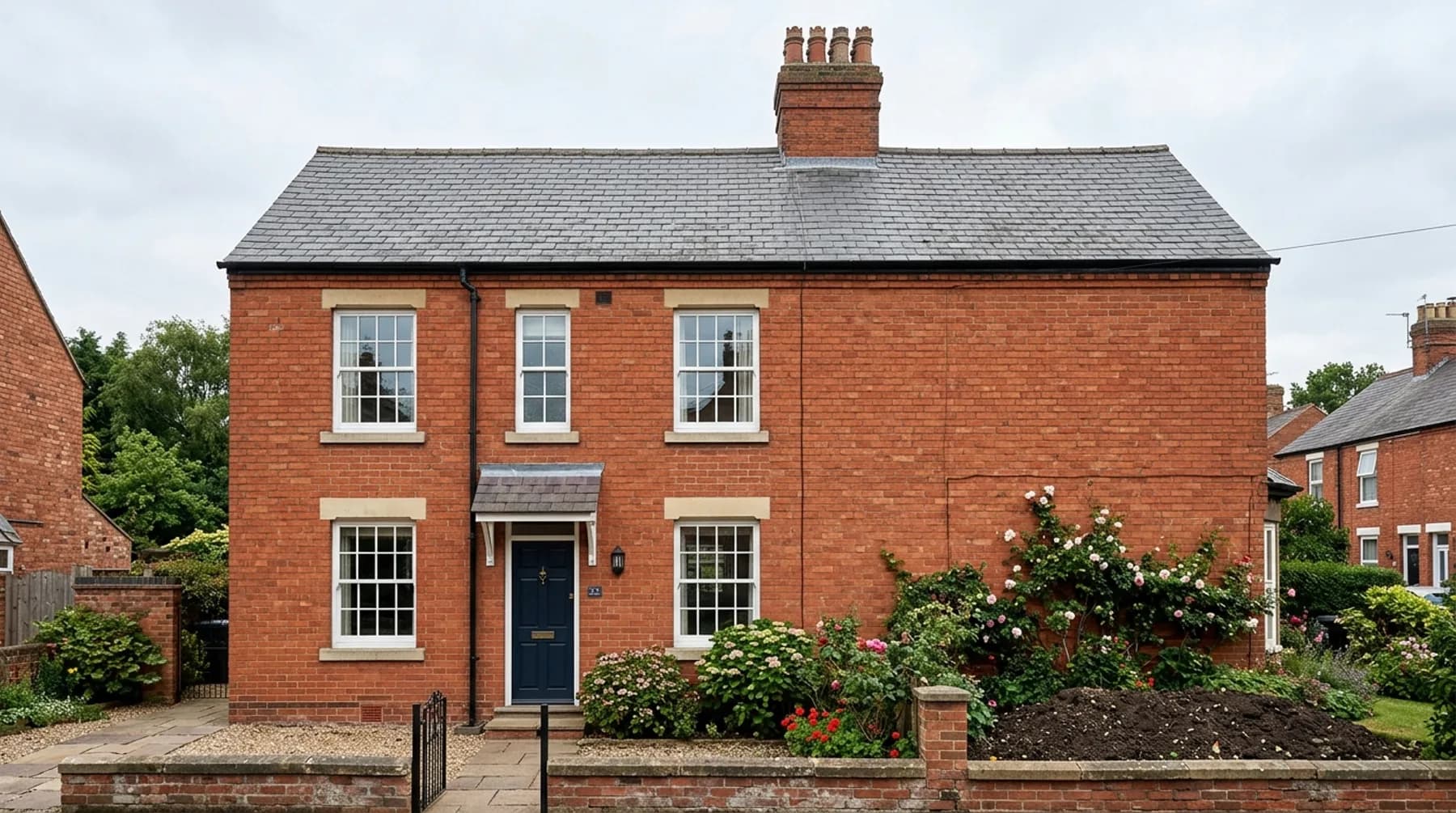 Front elevation of a red-brick Victorian house showing the slate roof, chimney stack, cast-iron guttering and downpipe, stone window sills and a raised flower bed against the wall