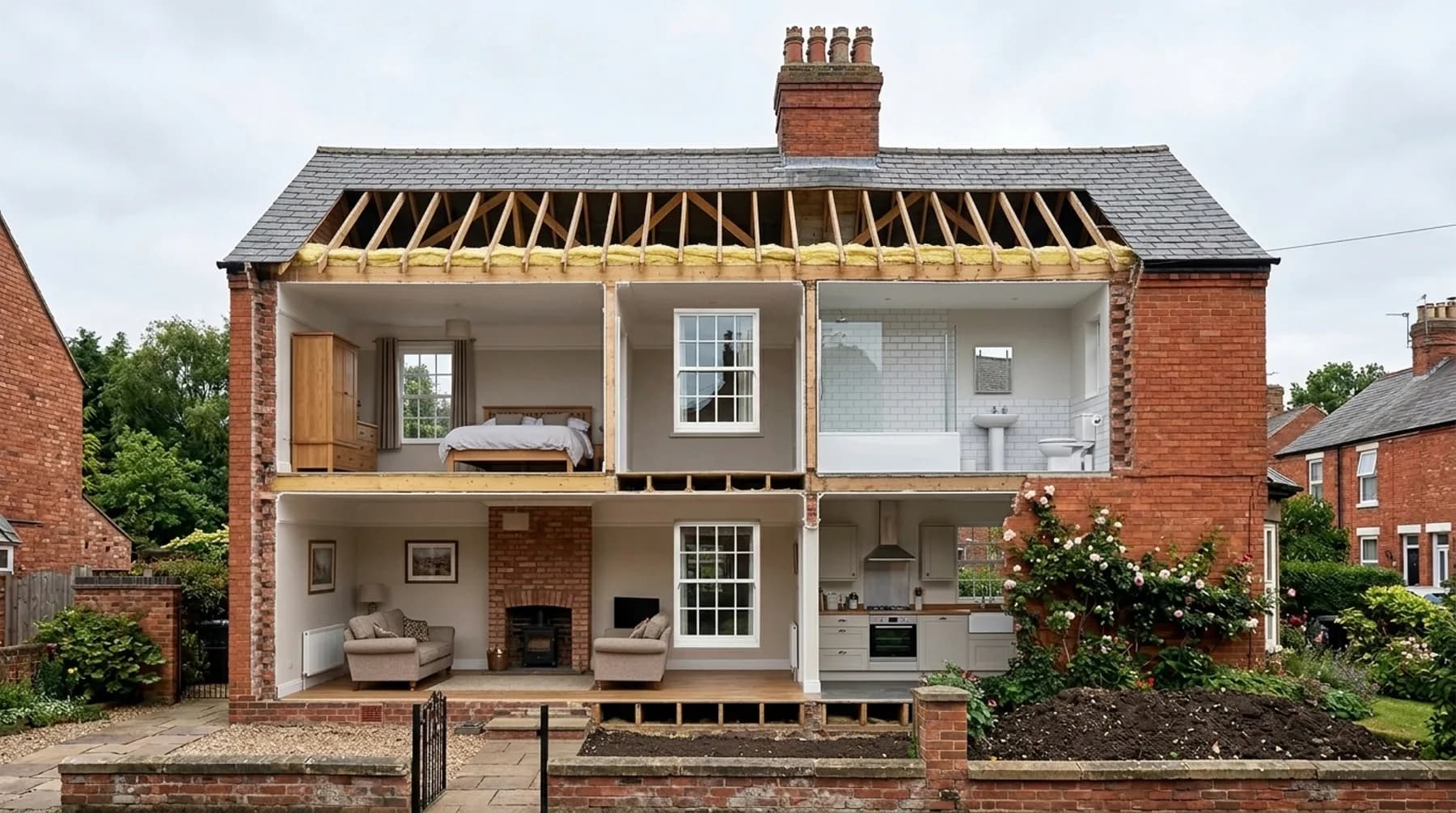 Cutaway view of the same house showing the loft space, bedroom, bathroom, living room, kitchen and the subfloor void beneath the ground floor